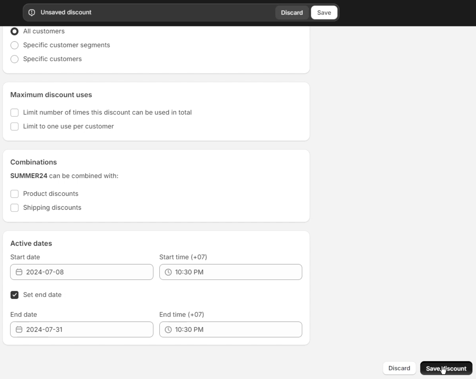 Detailed steps on configuring your Shopify discount code, including setting active dates, conditions, and usage limits to maximize effectiveness and customer engagement.